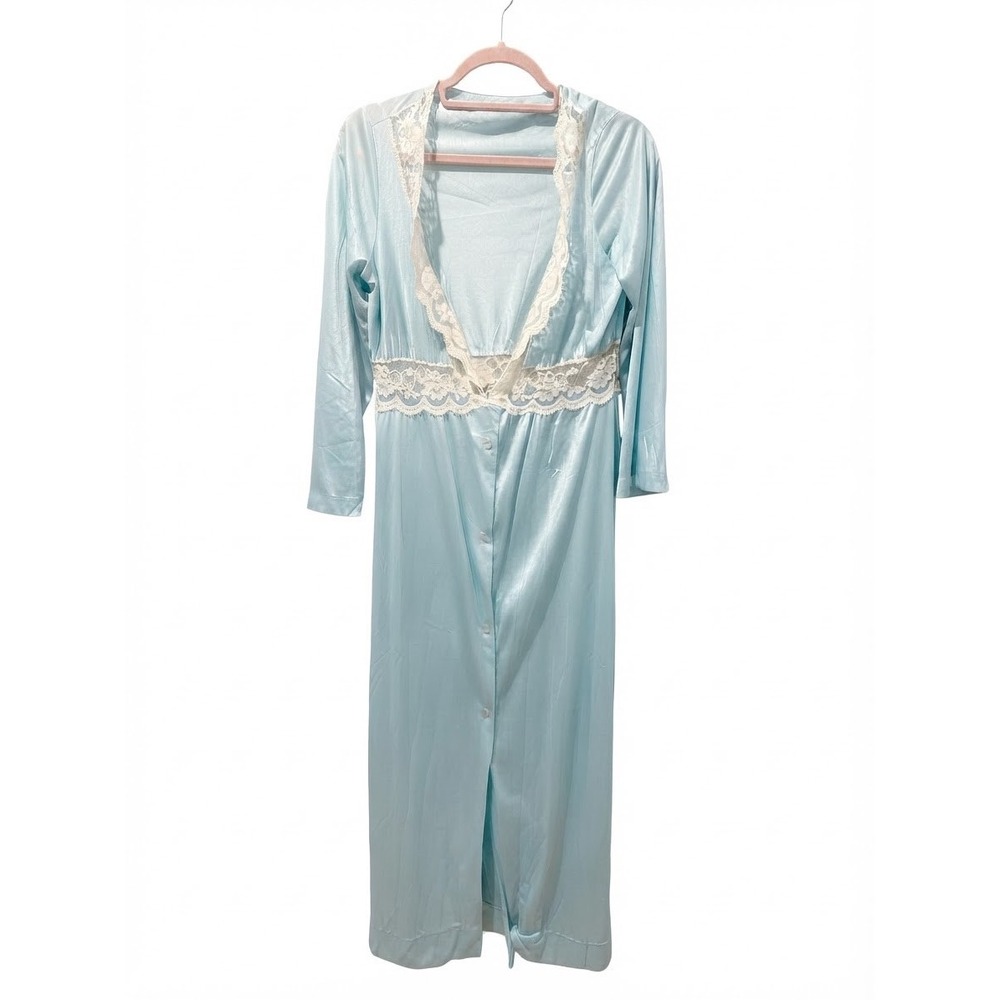 Vintage 1970s Barad Blue Lace Trim Empire Waist Long Nightgown